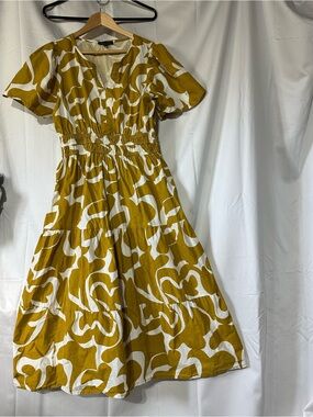 Meadow Rhodes Mustard & White Printed Midi Dress with Elastic Waist cotton
